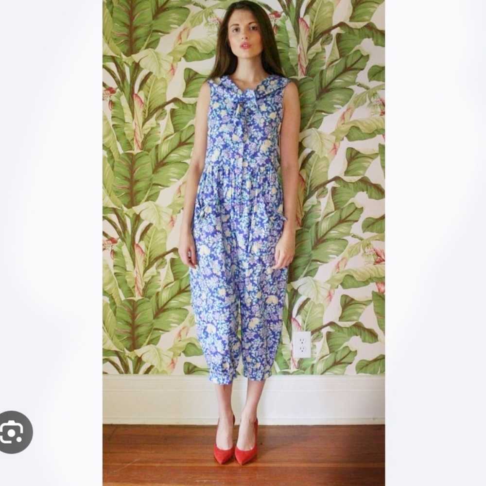 Vintage 80s Laura Ashley Pink Floral Cotton
Sleeveless Jumpsuit